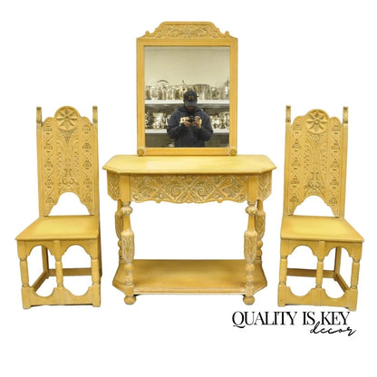 Vintage Gothic Renaissance Painted Hall Altar Console Table Chair Set - 4 Pc Set