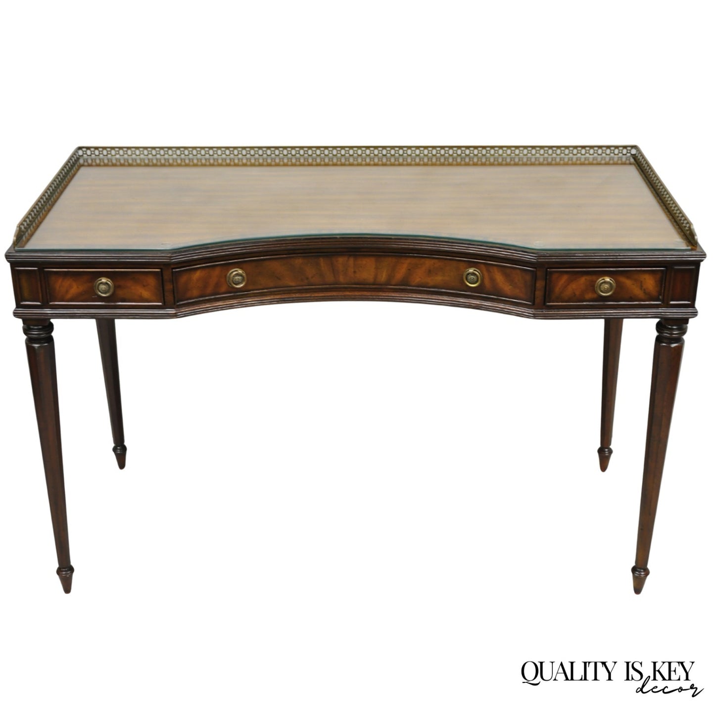 Maitland Smith Mahogany Regency Style 3 Drawer Writing Desk w/ Brass Gallery