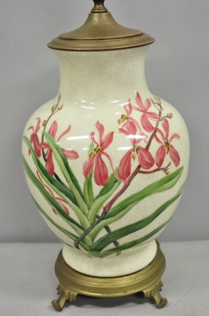 Vintage Art Nouveau Style Pink Flower Painted Porcelain Table Lamp by Wildwood