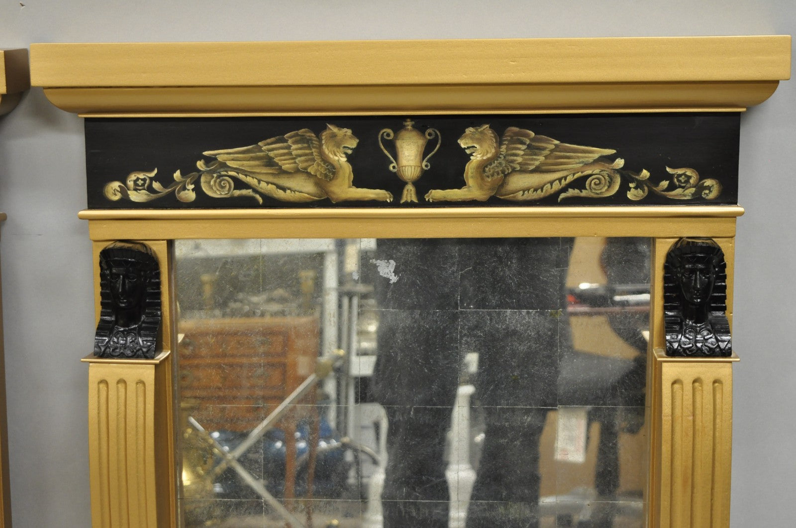 Vintage English Regency Egyptian Revival Style Sphinx Gold Wall Mirrors - a Pair