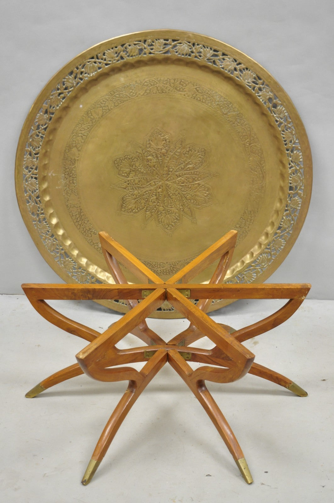 Vintage Moroccan 40" Round Brass Tray Top Teak Folding Spider Leg Coffee Table