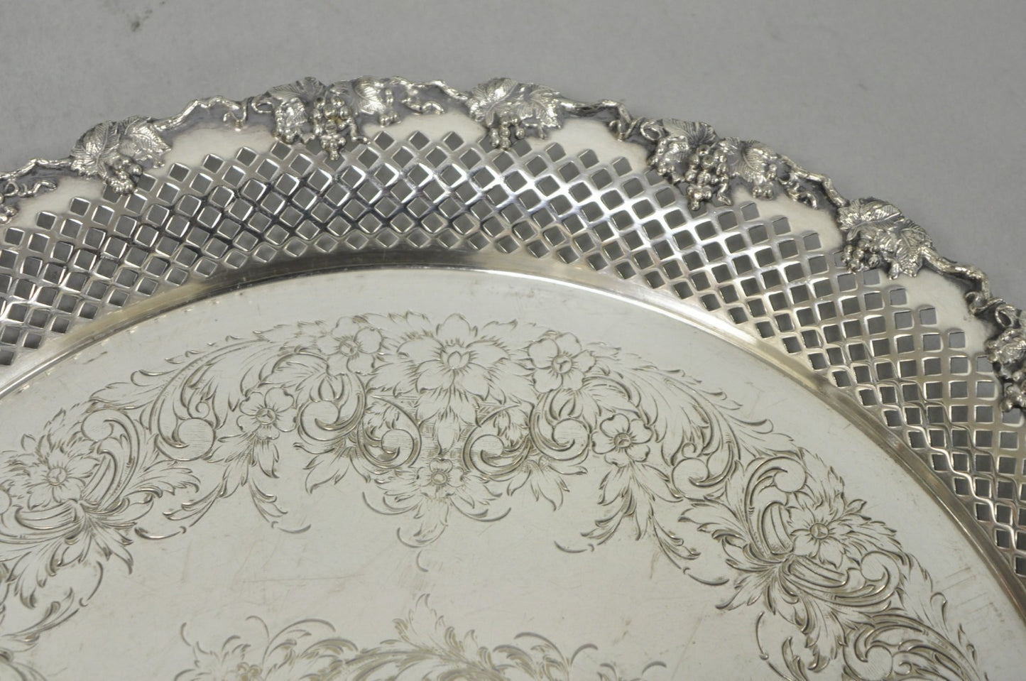 Vintage EG Webster & Son Silver Plated Grapevine Round Bar Serving Platter Tray