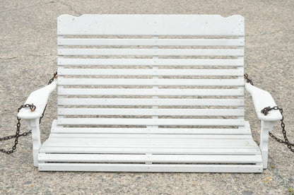 Vintage White Painted Wooden Slat Hanging Garden Patio Bench Love Seat Swing