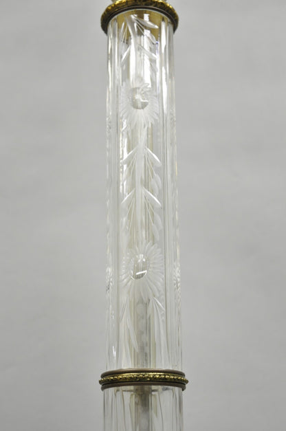 Vintage Neoclassical Style Floral Etched Glass Column Brass Reading Floor Lamp
