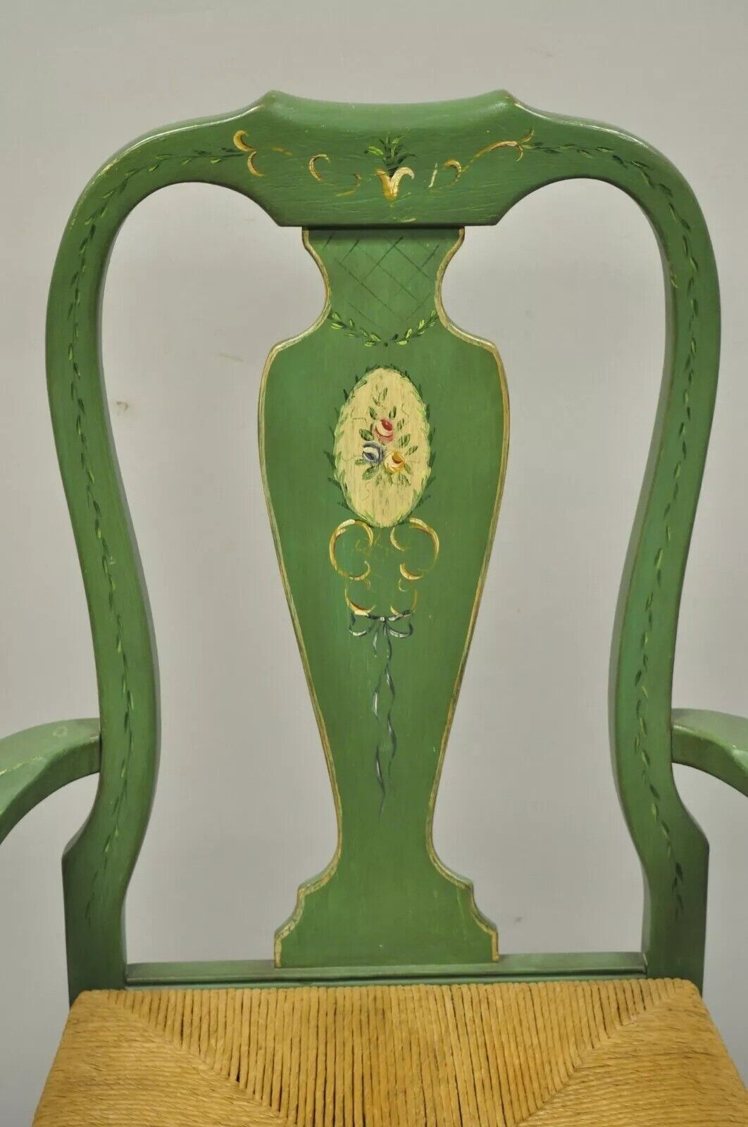 Vintage Queen Anne Style Green and Red Painted Rush Seat Arm Chairs - a Pair
