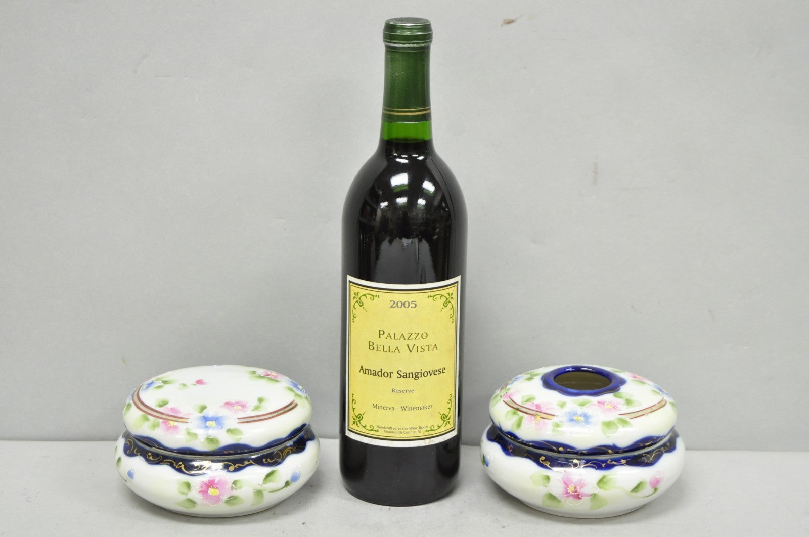 Victorian Japanese Hand Painted Porcelain Cobalt Blue Hair Receiver & Powder Jar