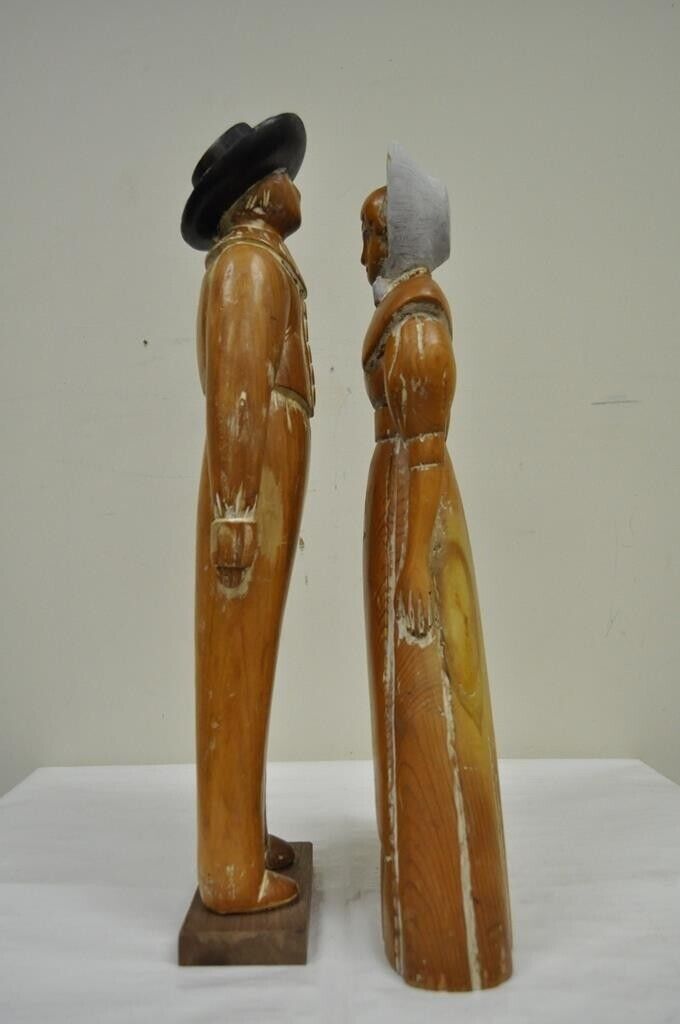 Vintage Sarreid Ltd Pine Wooden Folk Art Sculptures Man and Woman 22" Tall Pair