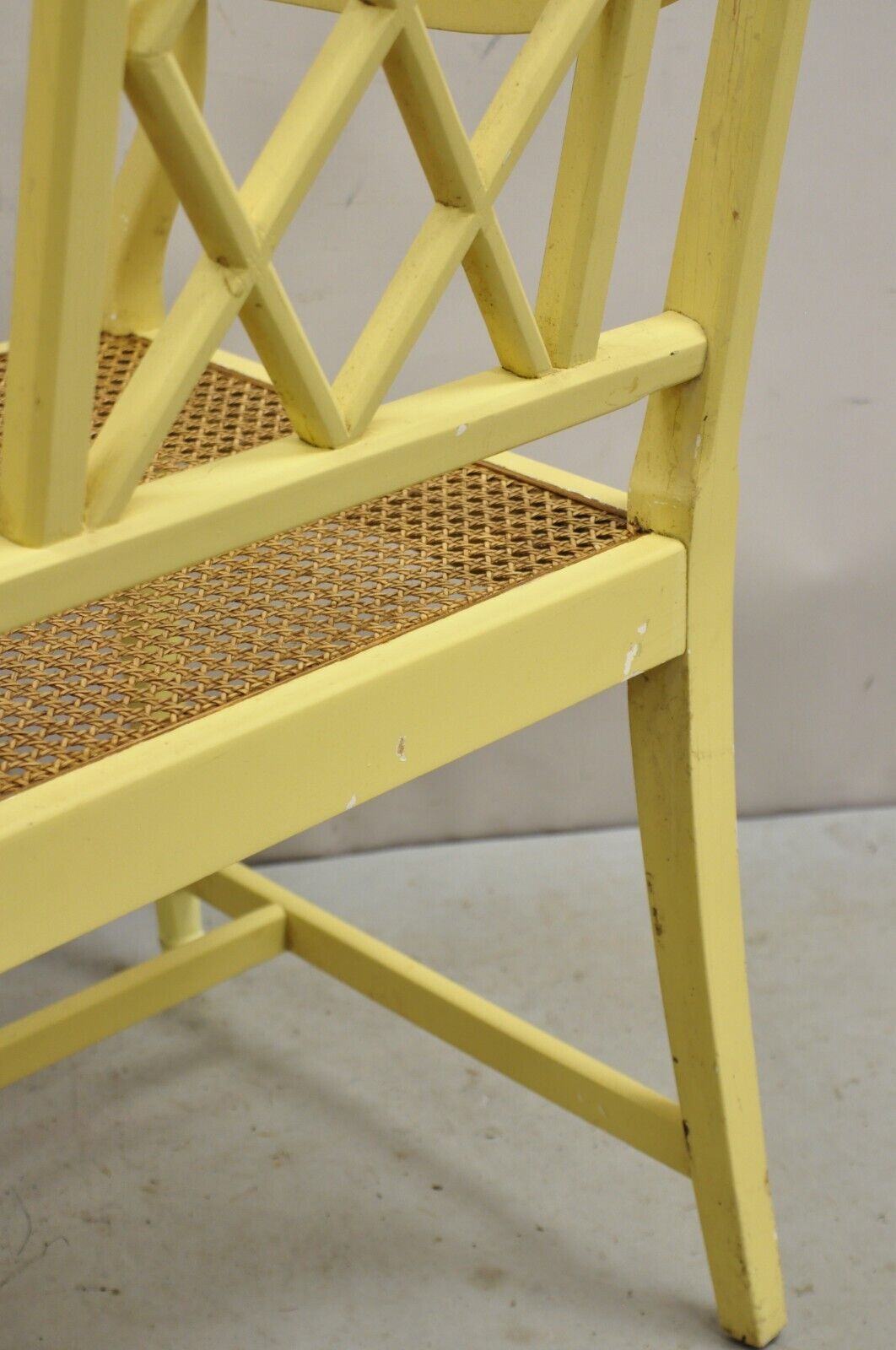 Vintage Italian Neoclassical Yellow Painted Cane Seat Fretwork Settee Bench