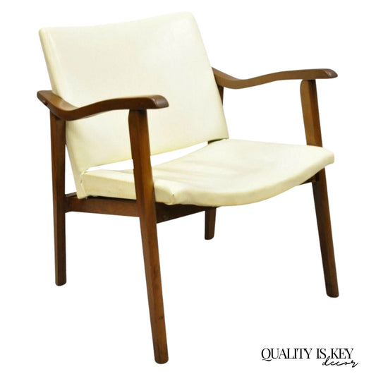 Mid Century Modern Walnut Wood Frame Vinyl Upholstered Lounge Arm Chair