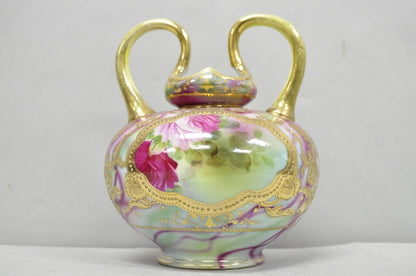 Antique Austrian Hand Painted Moriage Porcelain Double Swung Handle Bulbous Vase
