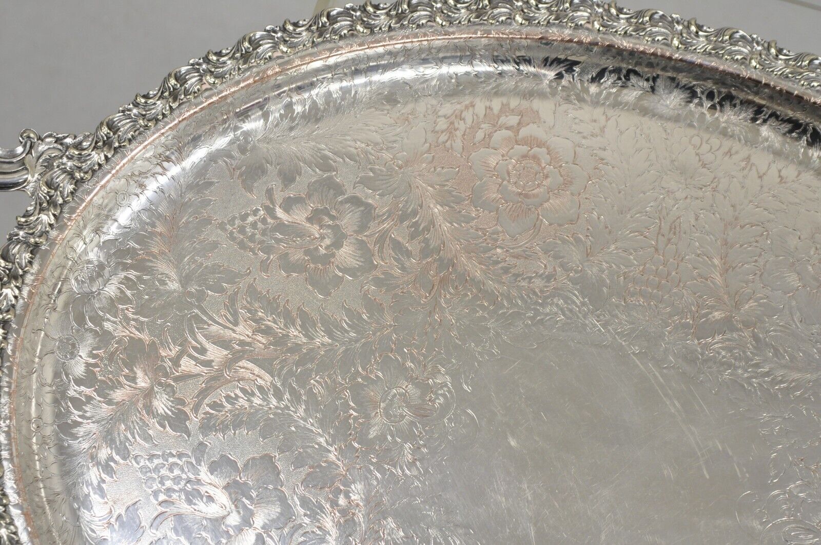 Antique English Victorian Art Nouveau Floral Repousse Oval Serving Platter Tray