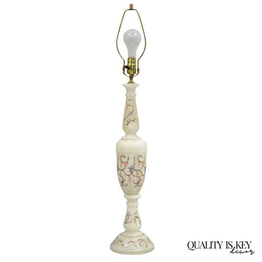 Vintage Italian Hollywood Regency Alabaster Table Lamp w/ Stone Floral Inlay