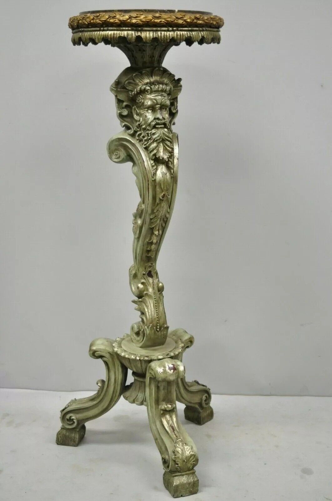 Italian Baroque Style Marble Top Figural Bearded Man Pedestal Stands - a Pair