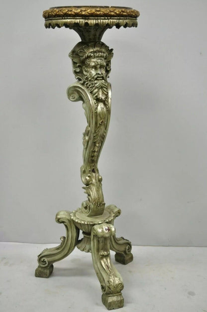 Italian Baroque Style Marble Top Figural Bearded Man Pedestal Stands - a Pair