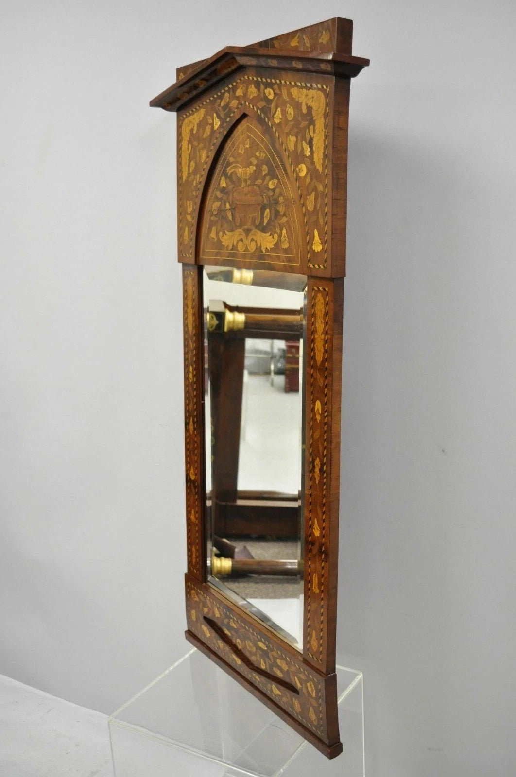 Antique Satinwood Dutch Marquetry Inlay Beveled Glass Console Pier Wall Mirror
