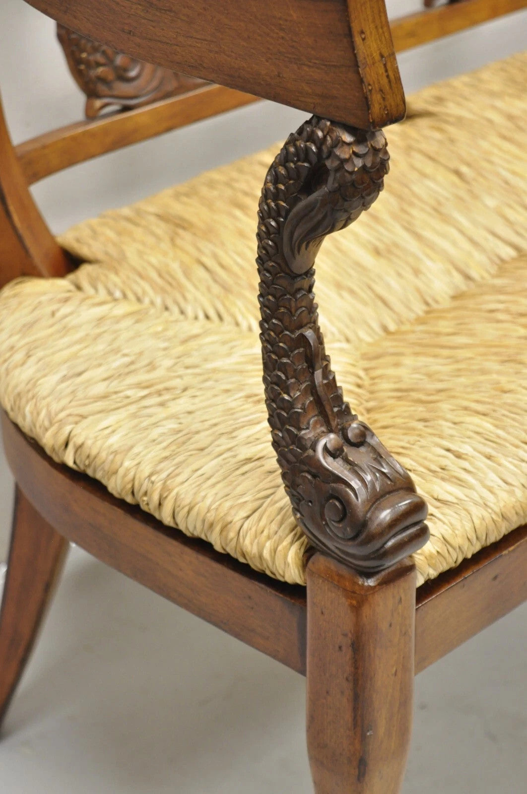 Vintage Italian Neoclassical Cherry Wood Dolphin Lyre Carved Rush Seat Bench