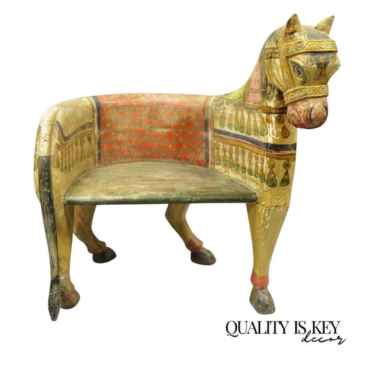 Vintage Figural Primitive Solid Carved Wood Red & Green Horse Bench Seat Chair