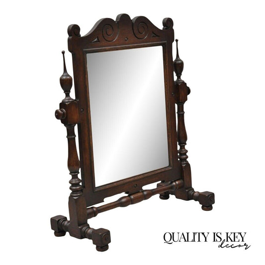 Antique Jacobean Style Oak Wood Pivoting Dresser Shaving Mirror