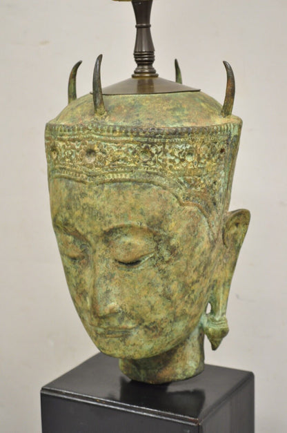 Vintage Thanh Le Vietnam Verdigris Bronze Siamese Buddha Bust Head Table Lamp