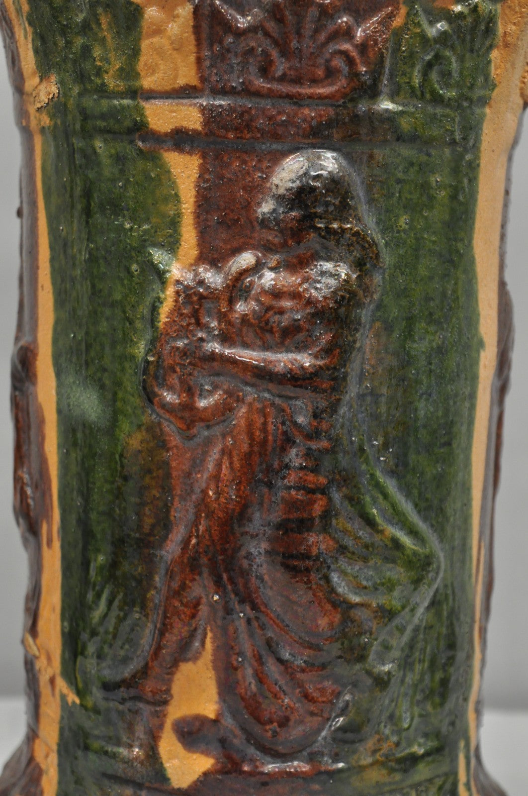 Antique Majolica Terracotta Red Green Drip Glaze Figural Plant Stand Pedestal