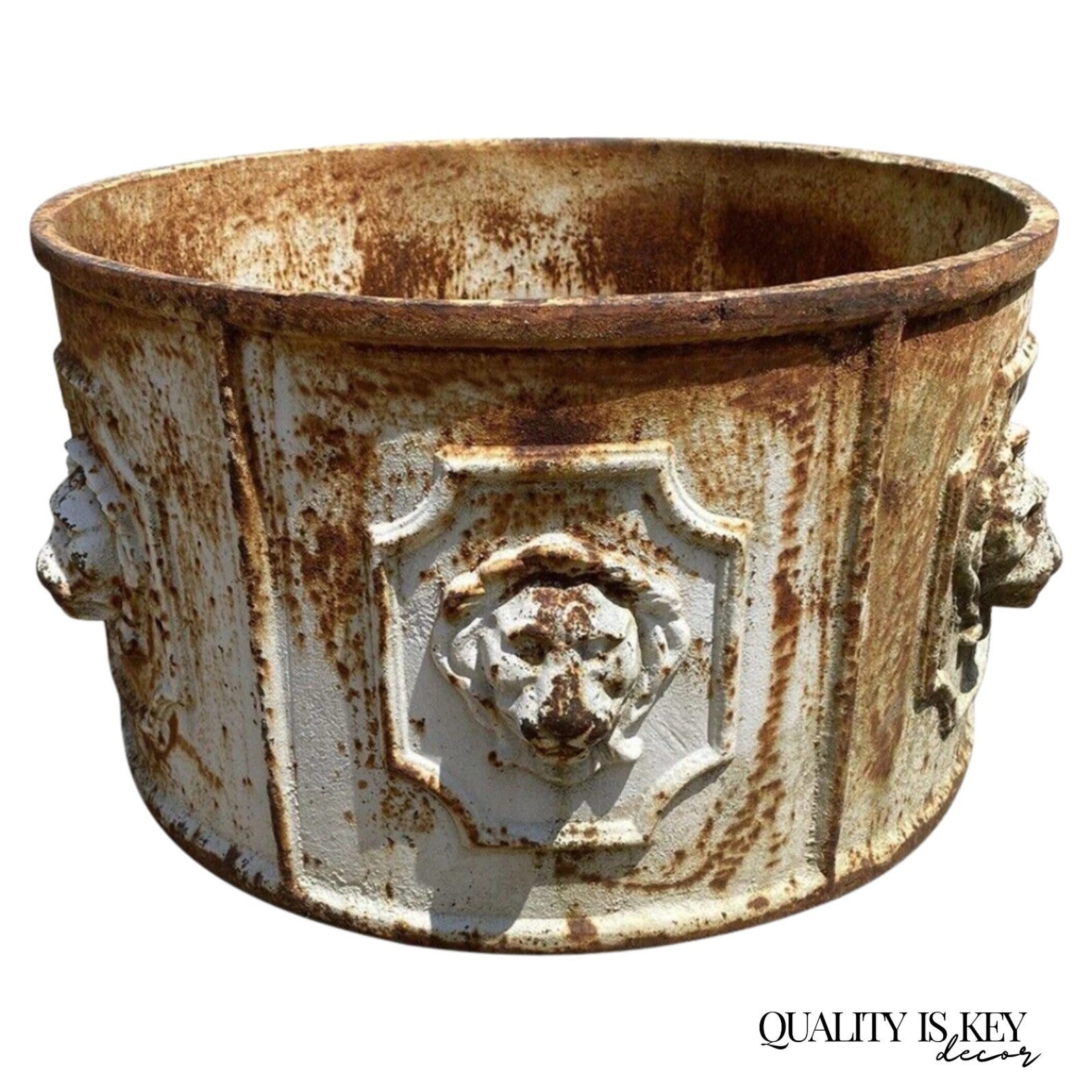 Vintage English Regency Cast Iron 20" Round Lion Heads White Garden Planter Pot