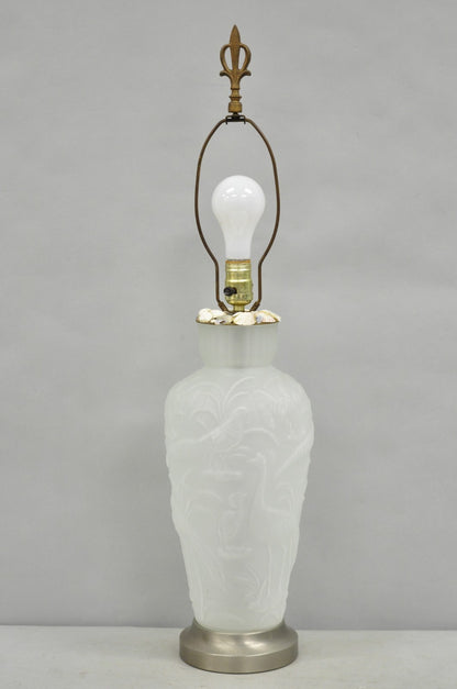 Vintage Chinoiserie Raised Satin Glass Tropical Birds Art Nouveau Table Lamp