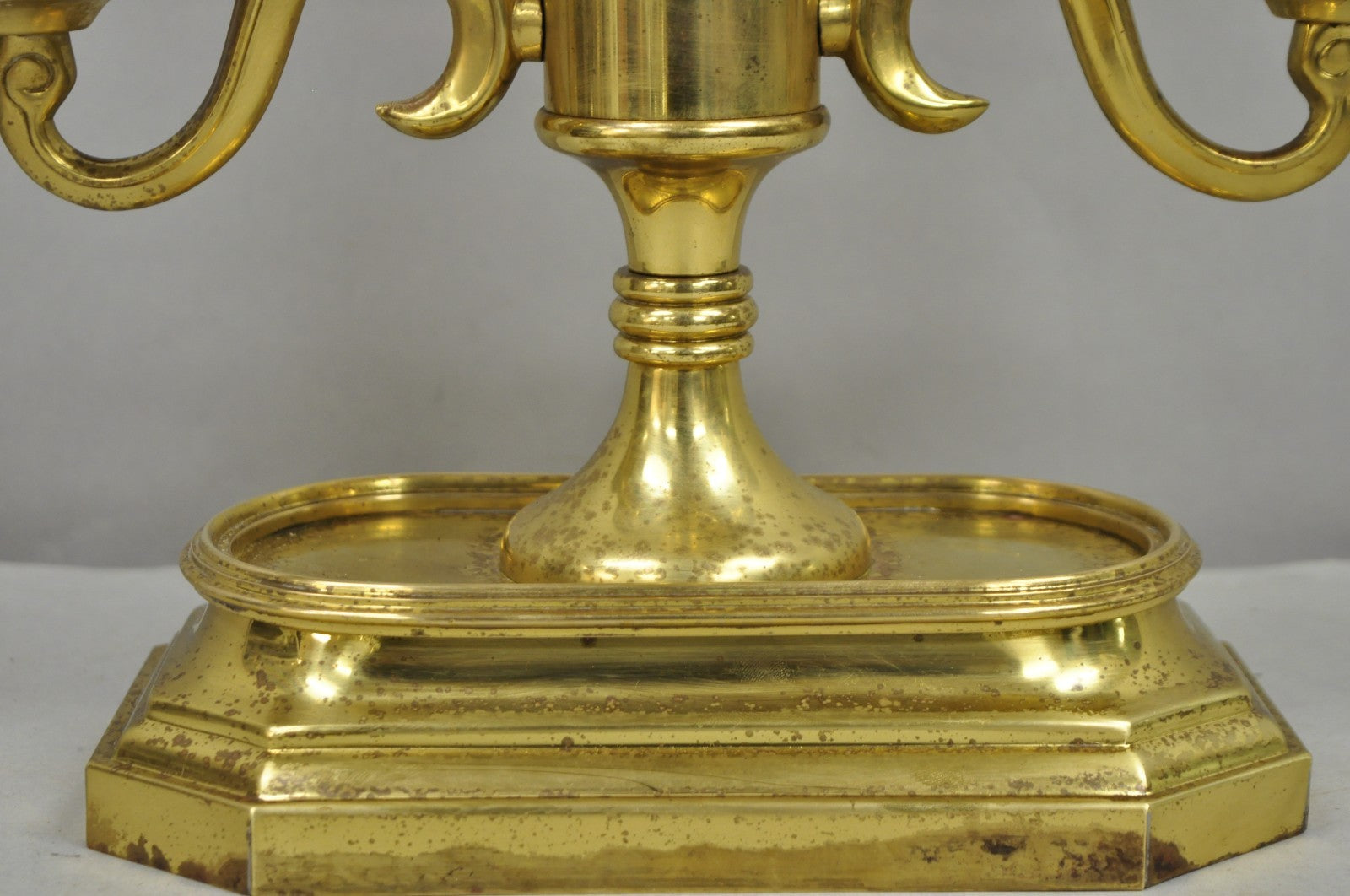 Vintage French Empire Style Brass Candlestick Bouillotte Desk Lamp w/ Tole Shade