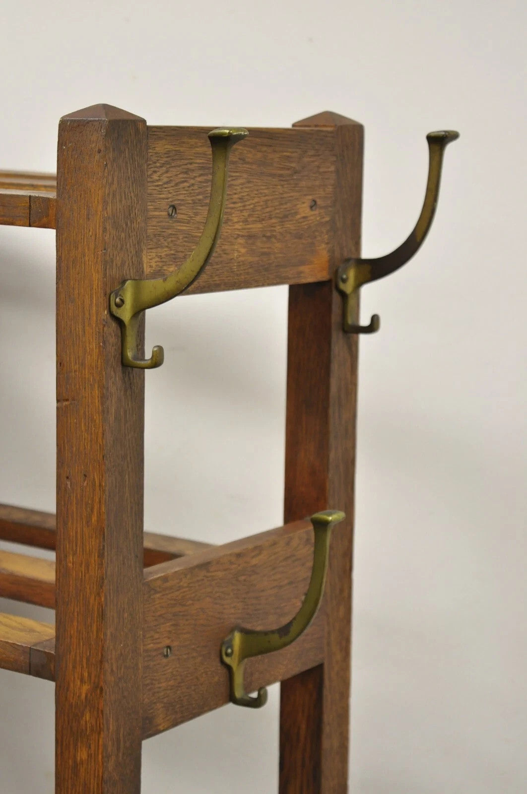 Antique Mission Arts & Crafts Oak Wood Coat Hook Hall Tree Umbrella Stand
