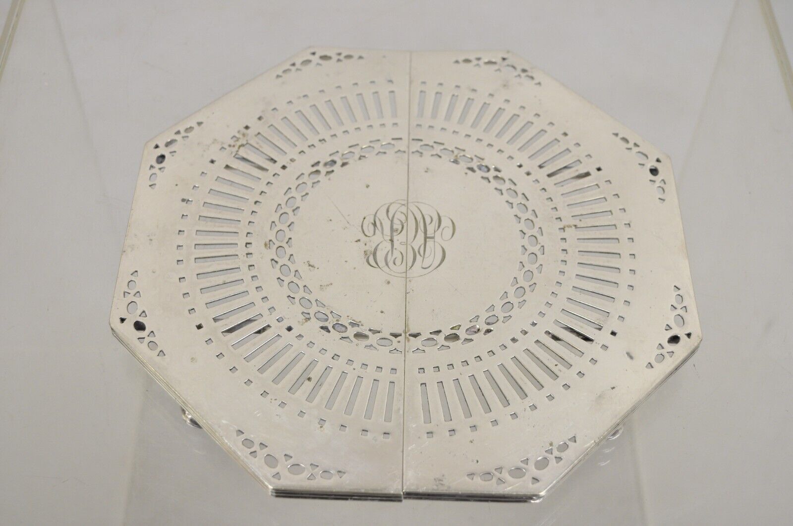 Antique Edwardian Silver Plated Expanding Pot Trivet with Monogram