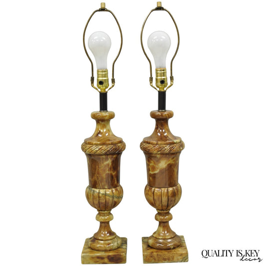 Vintage French Empire Style Polished Brown Marble Urn Form Table Lamps - a Pair