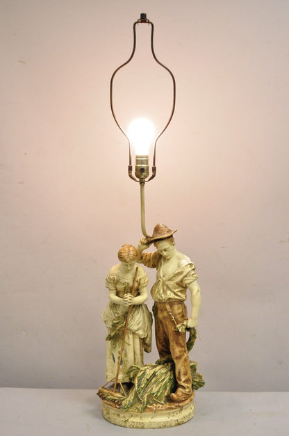 Vintage French Figural "Farmer Husband and Wife Praying over Crops" Table Lamp