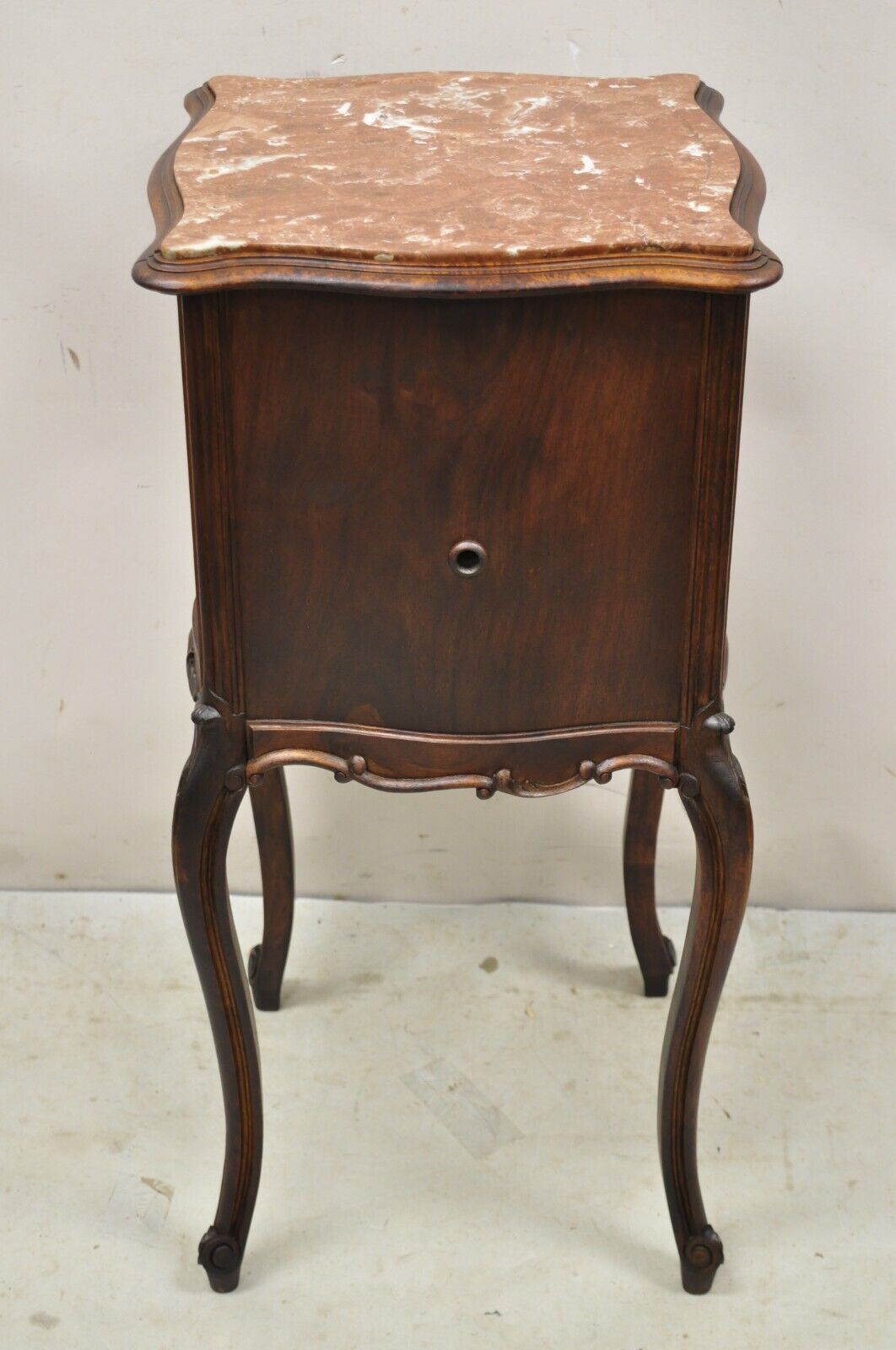 French Louis XV Style Carved Walnut Marble Top Porcelain Lined Nightstand