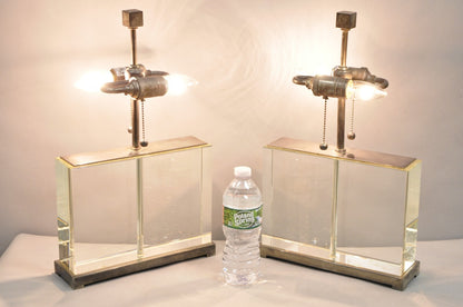 Modern Williams Sonoma Crystal Glass Block Phoenix Wide Table Lamps - a Pair