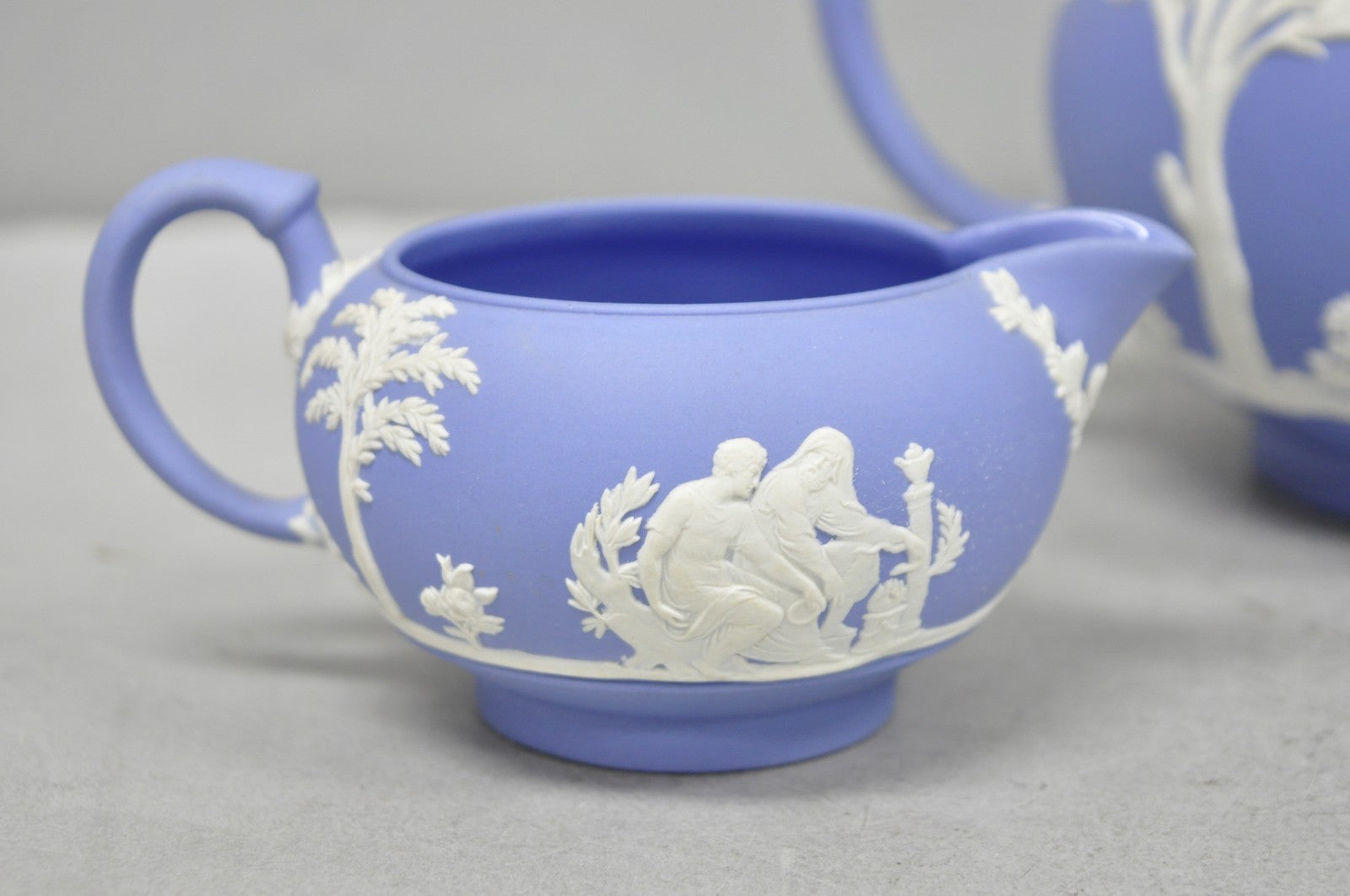 Antique Wedgwood Blue Jasperware Tea Set w/ Tea Pot Creamer Sugar Bowl 3 Pc Set