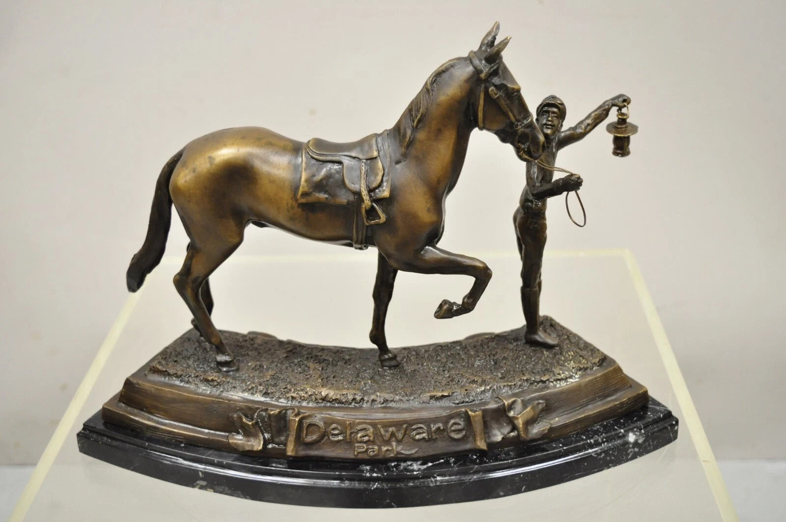 Delaware Park Bronze Equestrian Rider Jockey Leading Race Horse Lantern Statue