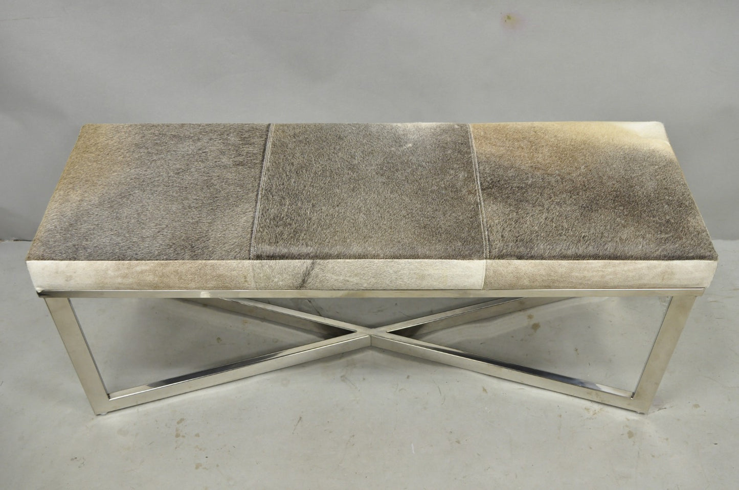 Modern Leather Cowhide Silver Chrome Metal X-Frame Stretcher Base Bench