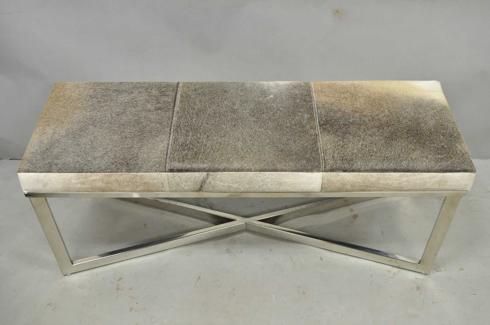 Modern Leather Cowhide Silver Chrome Metal X-Frame Stretcher Base Bench
