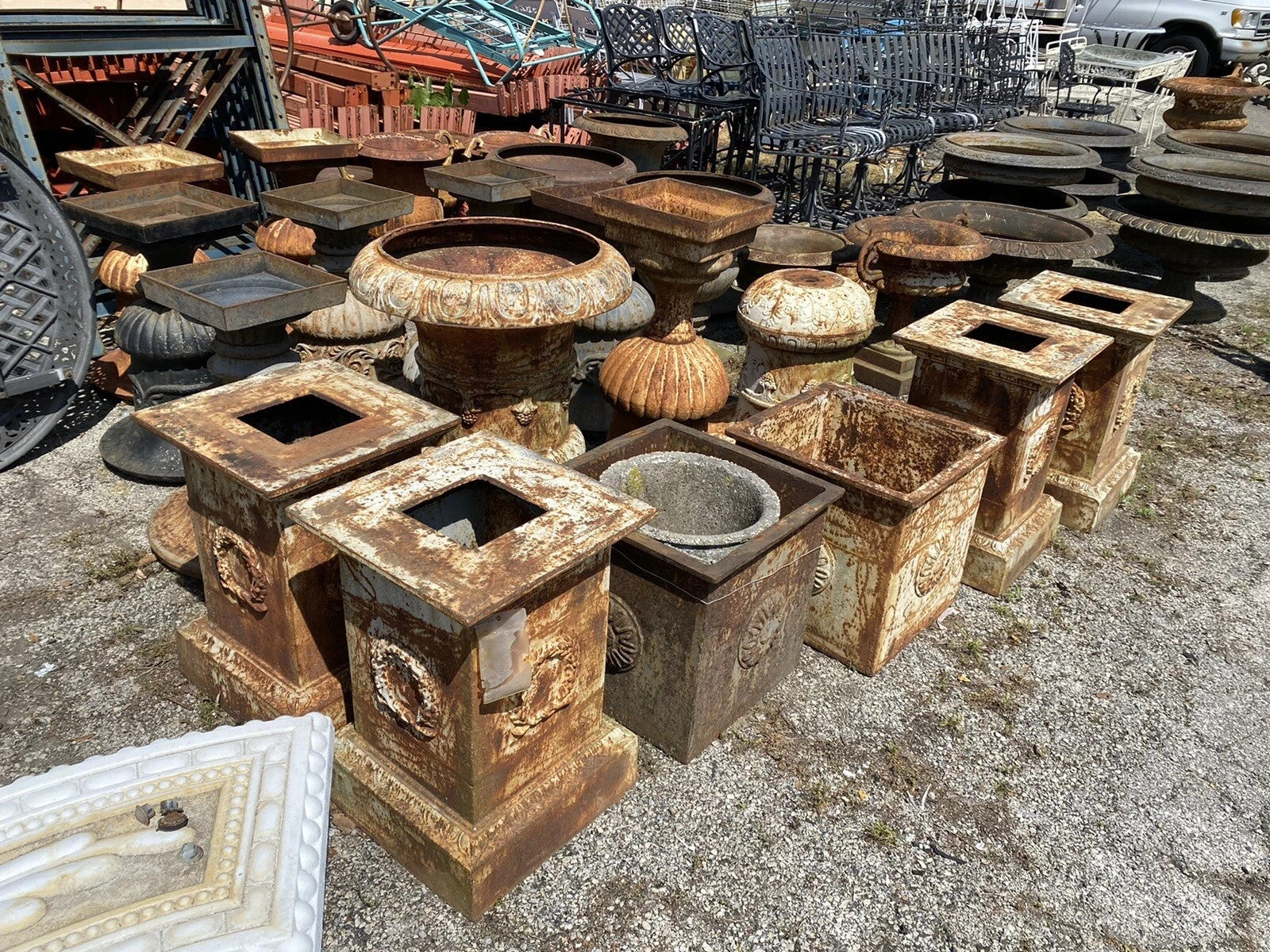 French Style 62" Cast Iron Campana Urn Outdoor Garden Planters on Pedestal, Pair