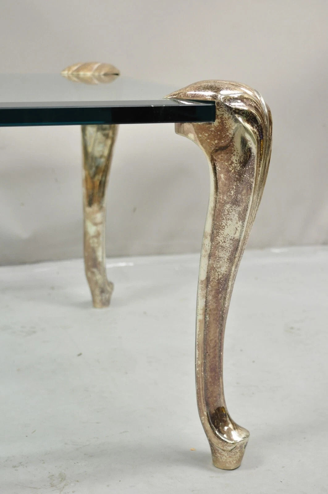 Vintage French Hollywood Regency Beveled Glass Bronze Cabriole Leg Coffee Table