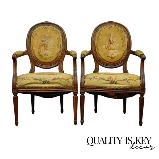 19th C. French Louis XVI Style Carved Walnut Needlepoint Arm Chairs - a Pair