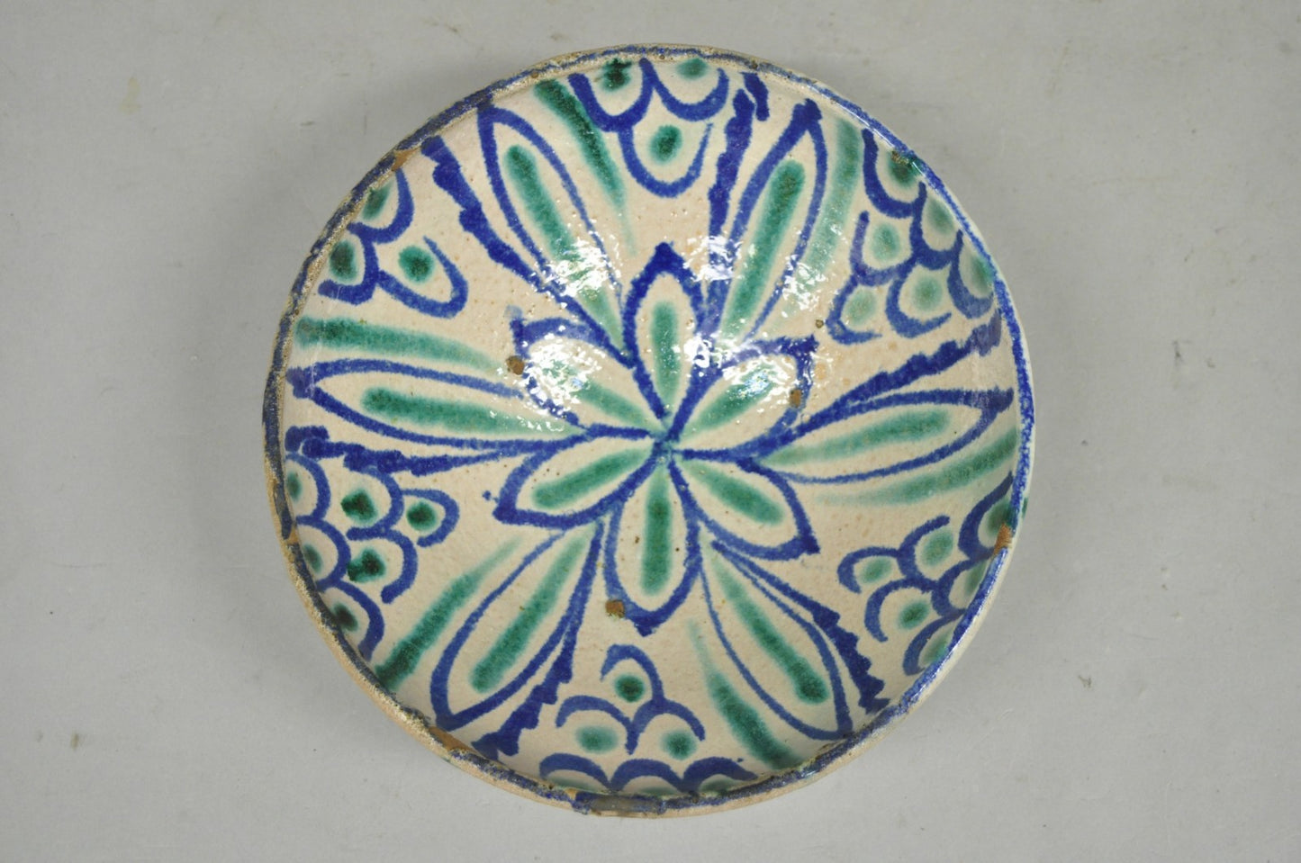 Antique Fajalauza Enamel Spanish Terracotta Pottery Blue Green Painted Bowl