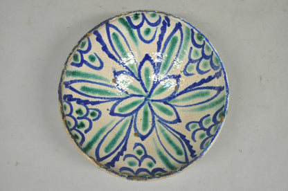 Antique Fajalauza Enamel Spanish Terracotta Pottery Blue Green Painted Bowl