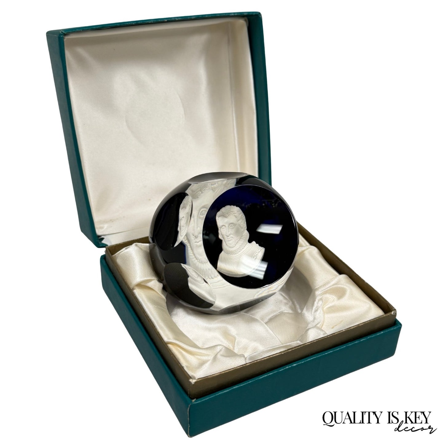 Cristal D'Albret France Christopher Columbus Sulphide Paperweight Faceted Blue