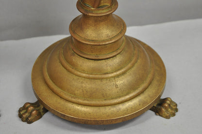 Antique English Renaissance Gothic Patinated Brass Candlestick Table Lamps Pair