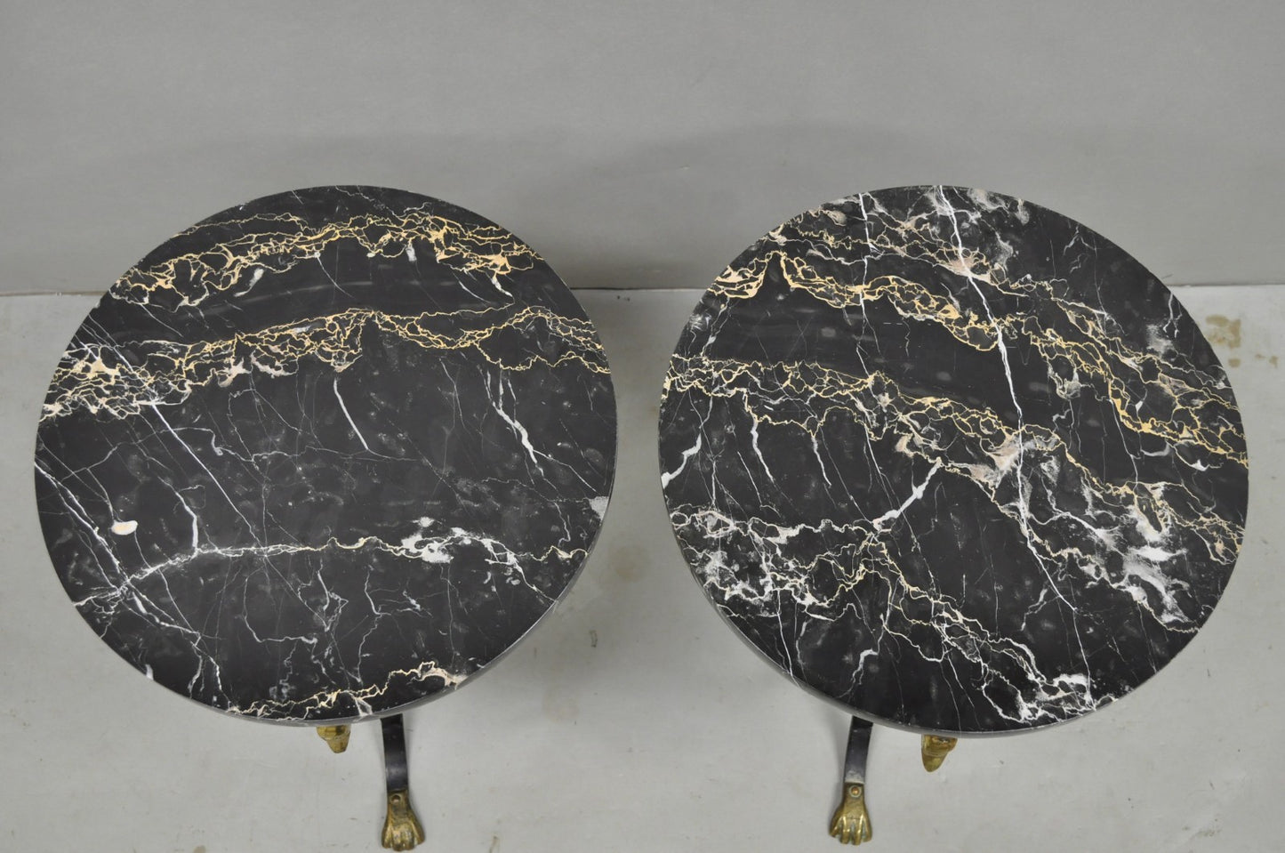 Italian Regency Round Marble Top Wrought Iron Brass Swan Low Drink Table - Pair