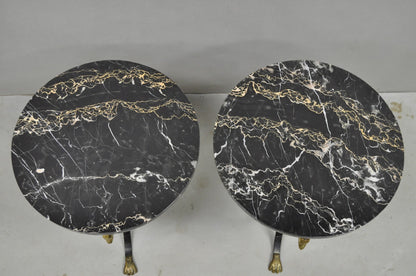 Italian Regency Round Marble Top Wrought Iron Brass Swan Low Drink Table - Pair