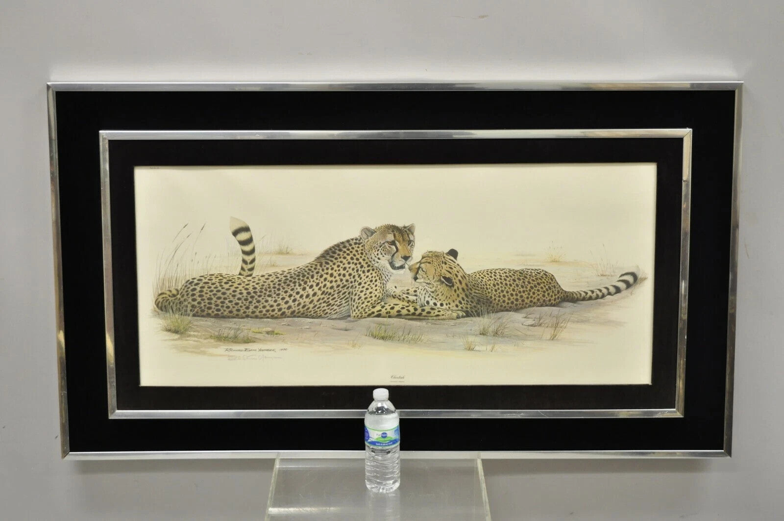 1972 Cheetah Lithograph Art by Richard Evans Younger in Velvet Chrome Frame