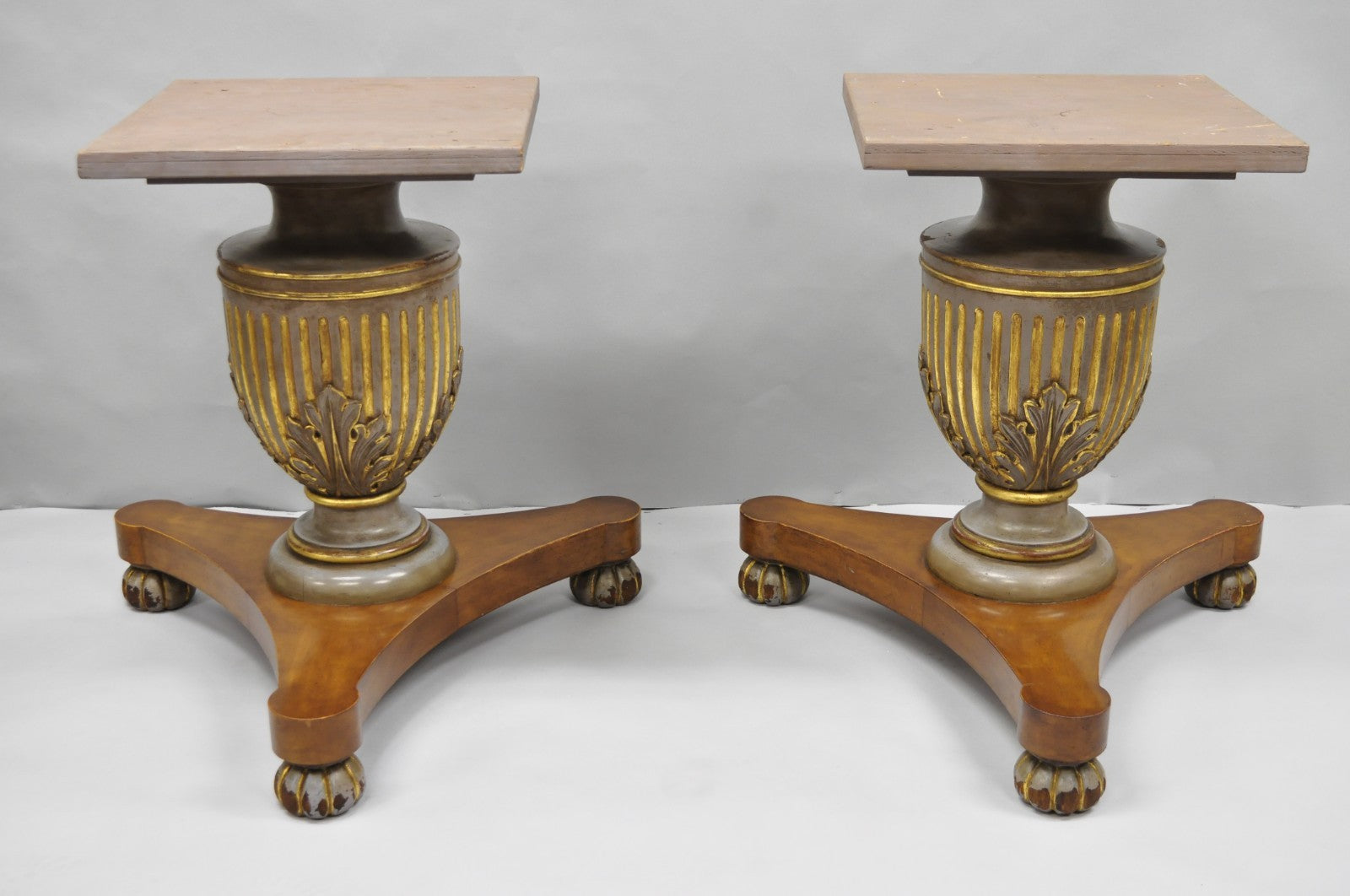 Vintage Italian Neoclassical Style Urn Pedestal Round Marble Side Tables - Pair