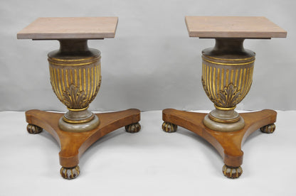 Vintage Italian Neoclassical Style Urn Pedestal Round Marble Side Tables - Pair