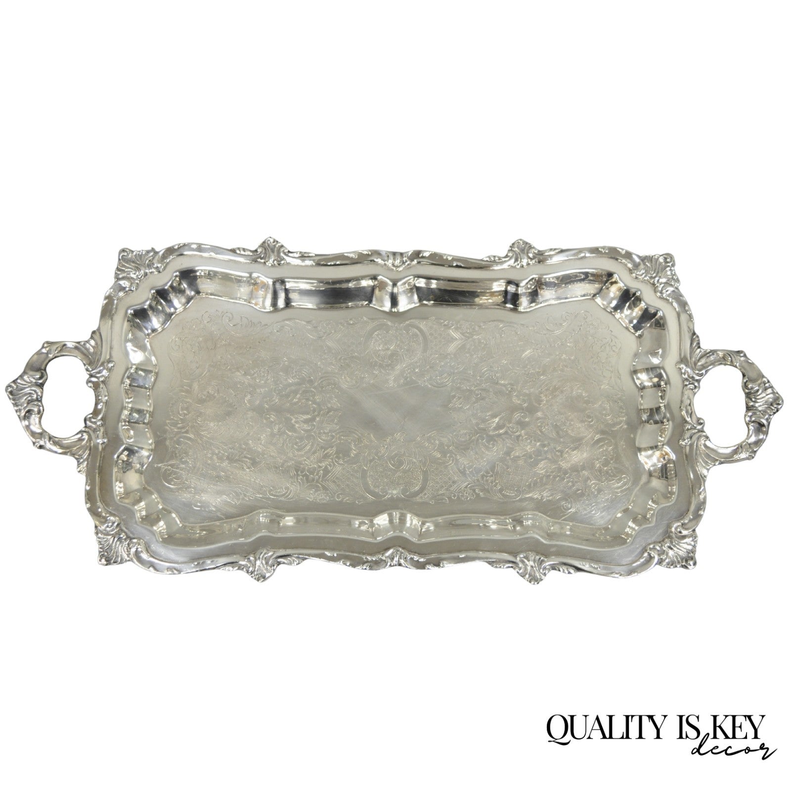 Vintage Victorian Silver Plated Narrow Footed Bar Serving Tray w Handles by Eton